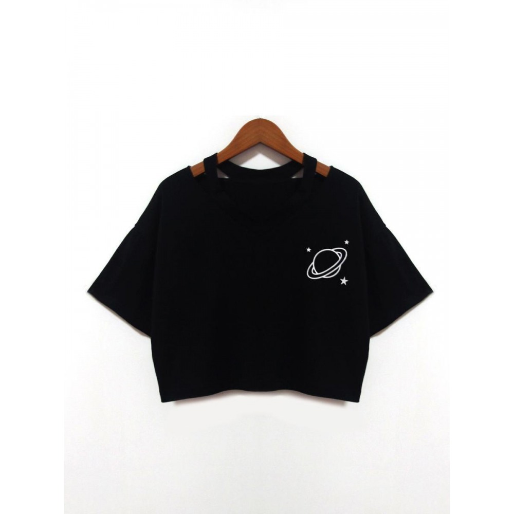 V-Neck Hollow Planet Print Short T-Shirt